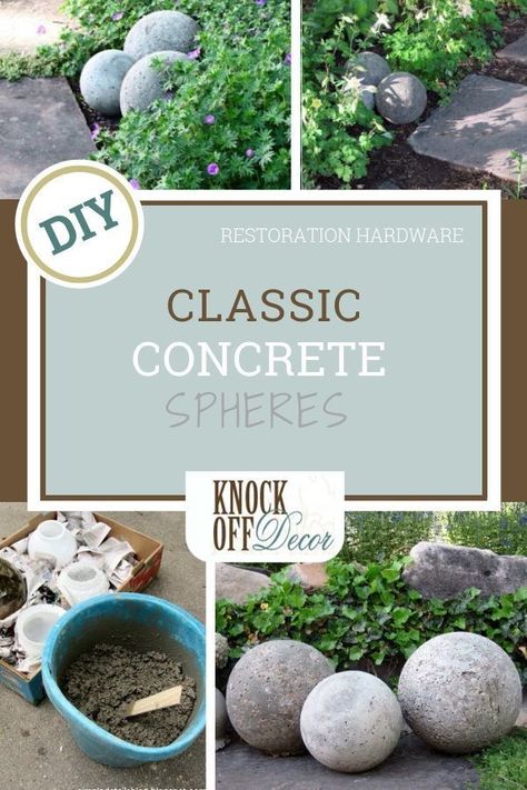 Add a nice touch to your garden with these Classic Concrete Garden Spheres. Save money by creating these simple concrete spheres yourself instead of buying them KnockOffDecor. #outdoorliving #diyhomedecor #gardendesign #decorideas #diyideas Diy Potting Table, Small Yard Design, Diy Restoration Hardware, Garden Spheres, Garden Organization, Mosaic Pots, Hosta Gardens, Concrete Ideas, Farmhouse Style Table