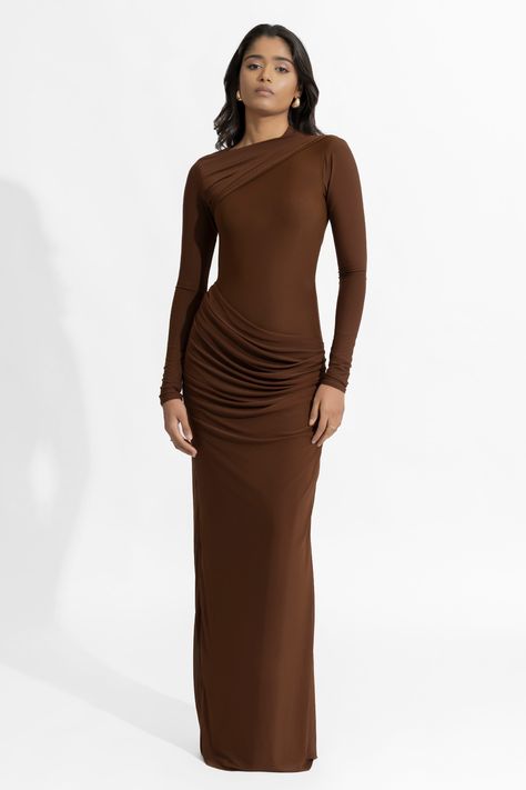 Dress To Jumpsuit, Brown Maxi Dress, Fitted Gown, Brown Maxi Dresses, Fitted Gowns, Pleated Drapes, Happy Clothes, Off Shoulder Gown, Party Fits