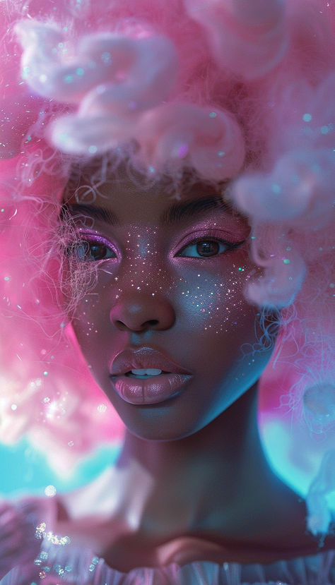 Pink Cotton Candy Curls with glitter freckles Princess Bubblegum Makeup, Candy Makeup Ideas, Candy Themed Makeup Looks, Galaxy Freckles, Cotton Candy Face Paint, Candy Makeup Look, Candy Sfx Makeup, Cotton Candy Photoshoot, Candy Inspired Makeup