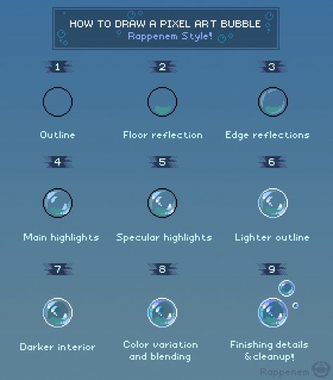 Rappenem (Comms Closed) (@Rappenem) on X How To Draw Pixel Art Step By Step, Pixel Art Palette, Pixel Art Tutorial Step By Step, Pixel Art Step By Step, How To Draw Bubbles, Bubble Drawing, Art Step By Step, Art Learning, Pixels Art