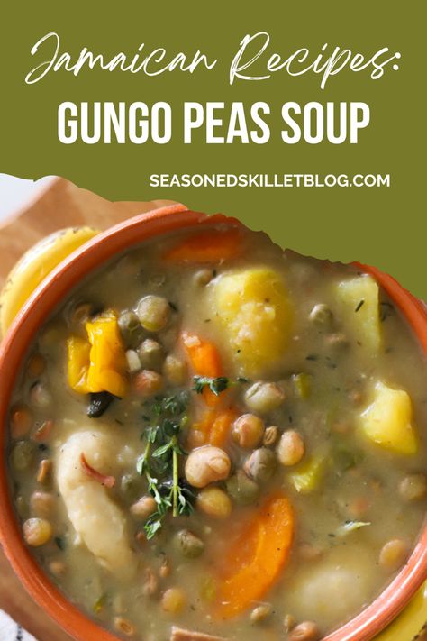 Gungo Peas Soup is a classic flavourful Jamaican soup loaded with pigeon (gungo) peas, dumplings and hearty ground provision then simmered to cozy perfection for the ultimate Caribbean comfort meal. This pigeon peas soup comes together in less than two hours and can easily be made vegetarian or vegan for the perfect Saturday or any day soup! Jamaican Gungo Peas Soup, Pigeon Peas Soup, Pigeon Pea Soup, Gungo Peas Soup, Tobago Recipes, Jamaican Coco Bread Recipe, Jamaican Soup, Jamaican Stew Peas, Coco Bread