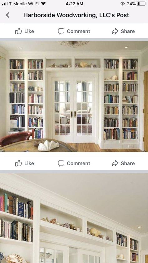 Built In Bookshelves Around Cased Opening, Built In Bookshelves Around French Doors, Library In Master Room, Built In Bookshelves Around Doorway, White Built In Shelves, Living Room Traditional, Floor To Ceiling Bookshelves, Home Library Rooms, Built In Shelves Living Room