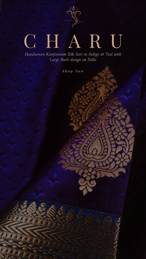 Handwoven Kanjivaram Silk Sari in Indigo & Teal with Large Butti design on Pallu Saree Branding, Saree Creative, Sita Mahalakshmi, Butti Design, Cocktail Book Design, Party Wear Sarees Online, Boutique Names, Indian Wedding Gowns, Indian Sari Dress