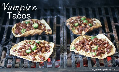 Vampire Tacos Vampire Tacos, Waffle Tacos, Vegan Bbq, Vegan Tacos, Vegan Mexican, Mexican Food Recipes Easy, Make Ahead Meals, Cooking On The Grill, Taco Recipes