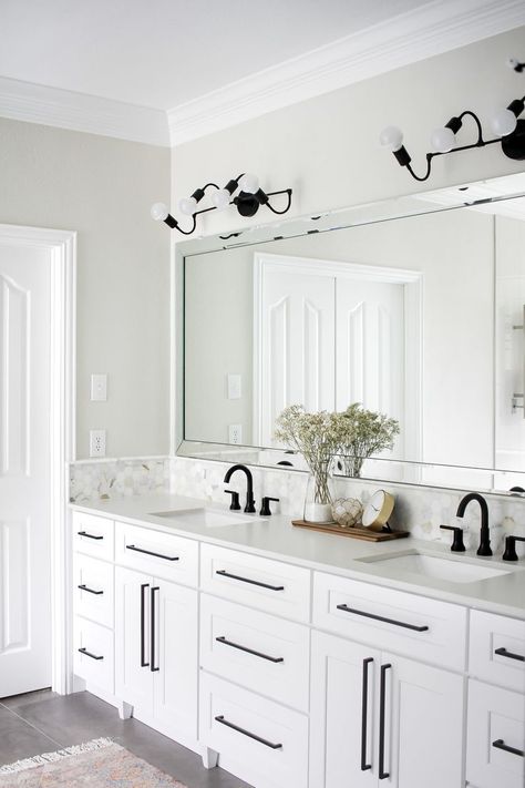 main bathroom with double sinks // black and white bathroom with white cabinets and black hardware Modern Black Vanity, Best Kitchen Design, Steam Shower, Steam Showers Bathroom, Black Vanity, Double Vanity Bathroom, White Vanity Bathroom, White Vanity, White Cabinetry