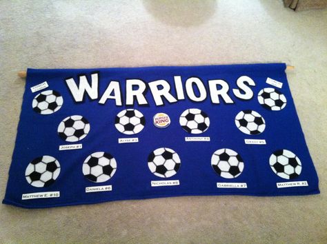 Soccer team banner Soccer Team Banner Ideas, Team Bulletin Board, Soccer Banner Ideas, Soccer Team Mom, Soccer Team Banners, Soccer Banners, Team Banners, Soccer Room, Soccer Camp