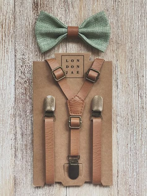 Brown Suspenders Sage Green Bow Tie With Brown Leather | Etsy Sage Wedding Shoes, Ring Bearer Outfit Sage Green, Sage Green Ring Bearer Outfit, Sage Green And Brown Wedding, Big And Tall Groom, Ring Bearer Outfit Suspenders, Sage Green Bow Tie, Groomsman Ideas, Groomsmen Ring