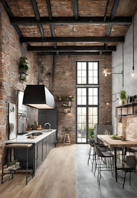 Parisian Kitchen, Living Room And Kitchen Design, Industrial Kitchen Design, Loft Kitchen, Industrial Style Kitchen, Loft Design, Industrial Kitchen, Loft Apartment, Kitchen Photos