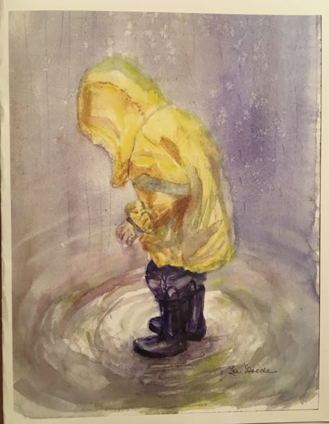 Puddle jumper, watercolor painting, child in raincoat, boots, splashing. Rain Boots Painting, Horror Watercolor Paintings, Watercolor Puddle, Puddle Drawing, Raincoat Drawing, Puddle Painting, Watercolour People, Rainy Day Drawing, Ink October