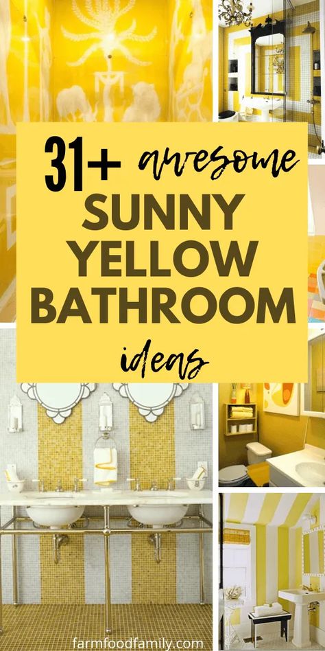 30+ Beautiful Sunny Yellow Bathroom Ideas & Designs For 2020 Bright Yellow Bathroom Walls, Yellow Bathroom Wall Decor, Yellow Towels In Bathroom, Rise And Shine Bathroom, Yellow And White Bathroom Ideas, Yellow Walls Bathroom Ideas, Yellow Bathroom Accents, Yellow Bathroom Walls Ideas, Yellow Cabinets Bathroom