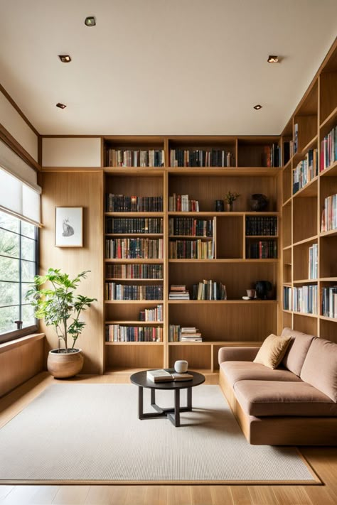 Japanese style home library idea Home Library Japanese, Minimalist Library Design, Japandi Library Room, Japandi Home Library, Game Room Library Ideas, Library Living Room Ideas Cozy, Library Office Design, Japandi Library Design, Library In Office