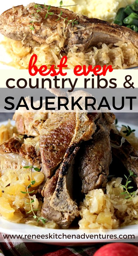 Country Ribs And Sauerkraut, Ribs With Sauerkraut, Ribs And Sauerkraut, Sauerkraut And Apples, Pork Sauerkraut, Country Ribs Recipe, Pork And Sauerkraut Recipe, Pork Roast And Sauerkraut, Pork Chops And Sauerkraut