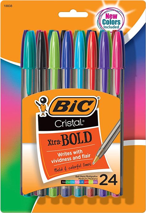 BIC Cristal Xtra Bold Fashion Ballpoint Pen, Bold Point (1.6mm), Assorted Colors, 24-Count (MSBAPP241-A-AST) Bic Ballpoint Pen, Best Fountain Pen, Bic Pens, Crystal Pen, Writing Lists, Tactical Pen, New Pen, Pen Design, Pointed Pen