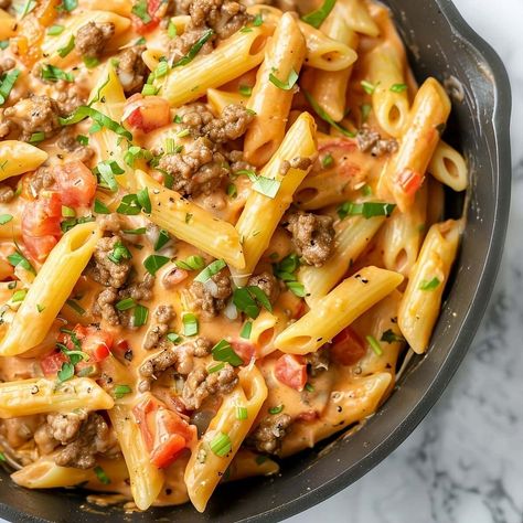 Flavorful Ground Beef Recipes, Rotini With Meat Sauce, Rotel Sausage Pasta, Creamy Rotel Pasta, Creamy Rotel Pasta With Ground Beef, Rotini Pasta Recipes Beef, Crockpot Rotel Pasta, Rotel Dip Pasta, Rotel Pasta Fiesta