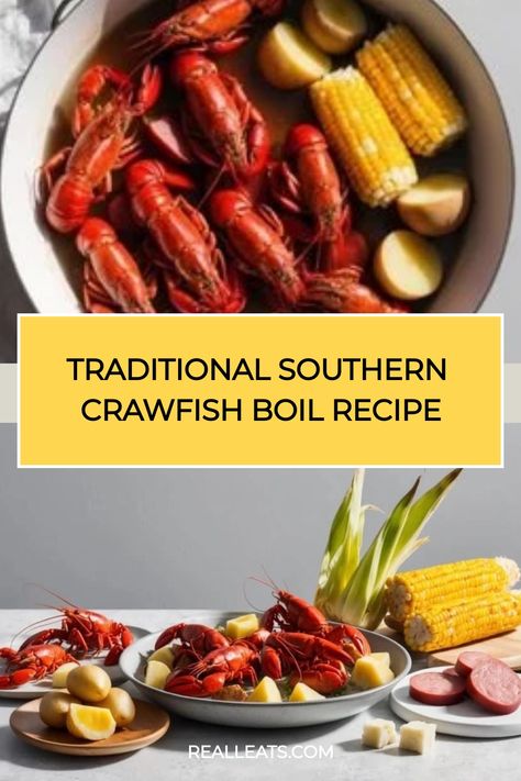 Traditional Southern crawfish boil with corn, potatoes, and spices. Crawfish Boil Recipe, Potatoes And Sausage, Boiled Food, Measuring Ingredients, Prawn Recipes, Southern Cuisine, Crawfish Boil, Andouille Sausage, Andouille