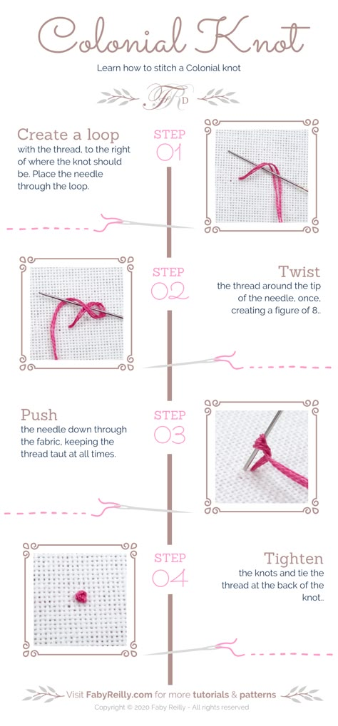 How To Make A Colonial Knot, Colonial Knots Embroidery, French Knot Cross Stitch, Colonial Stitch Embroidery, Embroidery Colonial Knot, Colonial Knot Tutorial, How To French Knot, How To Do Cross Stitch, Cross Stitch Techniques