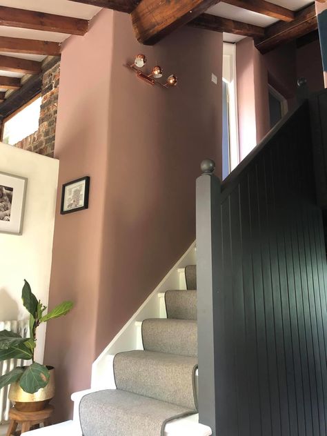 Bright Hallway Ideas, 1970s House Renovation, Edwardian Hallway, Grey Carpet Hallway, Pink Hallway, Bright Hallway, Terracotta Walls, Tudor Homes, Stairs Colours