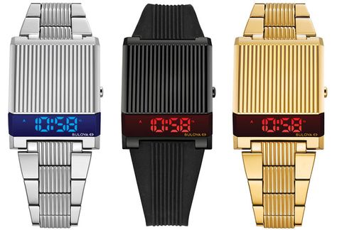 Fans of retro and space age timepieces will be very excited about the return of the 1970s Bulova Computron LED watch in three different finishes. Bulova Computron, Casio Digital, Tag Heuer Monaco, Led Watch, Gold Plated Watch, Premium Watches, Classic Watches, Digital Watch, Tag Heuer