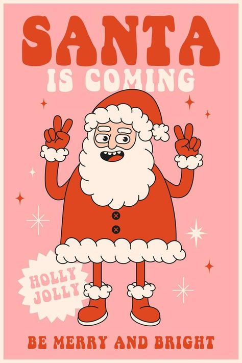 Merry Christmas and Happy New year. Santa Clausis coming in trendy retro cartoon style. Retro Cartoon Style, New Year Typography, Santa Cartoon, Merry Christmas Typography, Happy Christmas Card, Retro Style Posters, New Year Illustration, Happy New Year Cards, Christmas Doodles