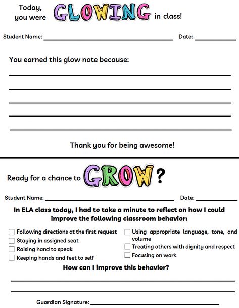 Glows And Grows, Glow And Grow, Parent Contact, Fun Classroom Activities, Classroom Behavior, Following Directions, School Counselor, Classroom Activities, Classroom Management