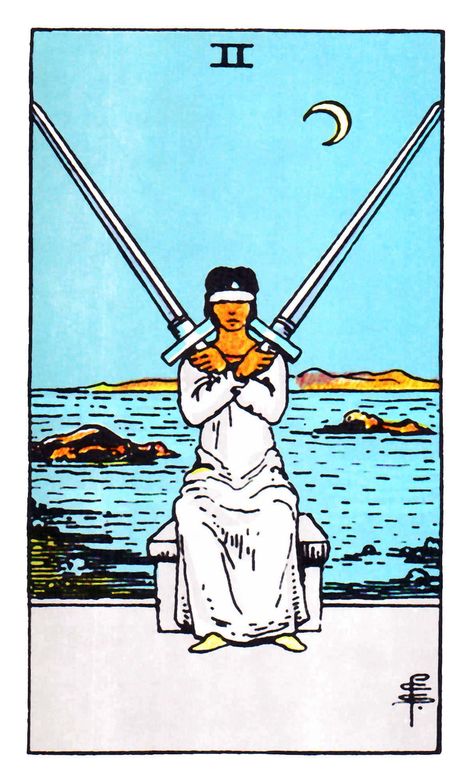 Tarot Minor Arcana card: Two of Swords Where to go when both directions are risky and still haste is called for? You must decide although you can't be sure. Archetype Crossroads. Two Of Swords Tarot Card, 2 Of Swords Tarot, Two Of Swords Tarot, Tarot Three Of Swords, 3 Swords Tarot, Two Of Swords, Knight Of Cups, Drawn Together, Swords Tarot