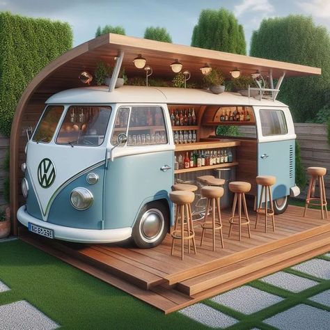 Counter ideas Bus Cafe, Counter Ideas, Container Bar, Car Part Furniture, Cozy Seats, Cafe Ideas, Cozy Seating, Outdoor Cafe, Coffee Carts