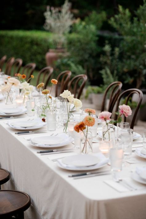 Backyard Wedding Centerpieces, Long Wedding Table Decorations, Long Table Decorations, Chic Backyard Wedding, Matthew Moore, Bud Vases Wedding, Bud Vases Arrangements, Chic Backyard, Cool Backyard