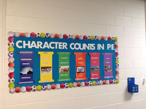 Character Counts PE Bulletin Board Pe Gym Decorations, Pe Bulletin Boards Elementary Back To School, Fitnessgram Bulletin Board, Elementary Pe Gym Decorations, Physical Education Bulletin Boards Gym, Pe Door Decorations Physical Education, Character Bulletin Boards, Pe Boards Physical Education, Physical Education Bulletin Boards