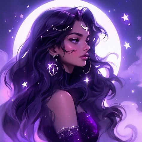 Matching Purple Pfp, Moon Avatar, Dark Moon Goddess, Moon Goddess Art, Anime Avatars, Anime Purple Hair, Moon Elf, Dark Purple Hair, Moon Aesthetic