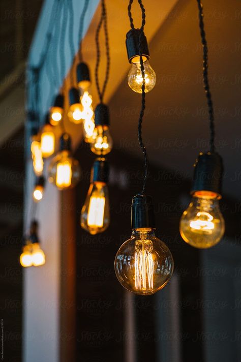 Close up garland of light bulbs by Duet Postscriptum for Stocksy United Bulb Lights, Hanging Lights Aesthetic, Lamp Picture, Lights For Cafe, String Lighting, Blinding Lights, Light Bulb Aesthetic, Light Bulbs Aesthetic, Aesthetic Lighting