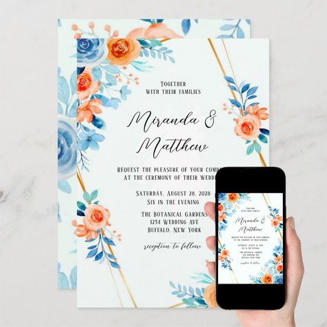 Spring Paint Blue Orange Watercolor Floral Wedding Invitation Blue Peach Wedding, Blue Orange Weddings, Light Blue Wedding Invitations, Orange Wedding Themes, Orange Wedding Colors, Baby Blue Weddings, Orange Wedding Invitations, Paint Blue, Wedding Themes Summer