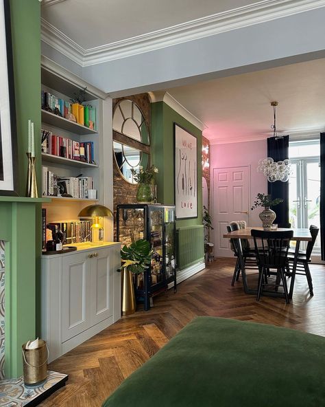 Clean & cosy ✨🥰 #openplanliving #terracedhouse #diningroom #openplanlivingroom #smallhouse | Instagram Living Room Diner Decor, De Nines Living Room, Colourful Open Plan Living, Door Opens Into Living Room Layout, Terrace House Dining Room, Green Painted Living Room, 1930s Dining Room, Open Plan Lounge Dining Room, Modern Victorian Homes Interior