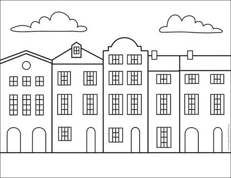 Row House Drawing, Row Of Houses Drawing, House Outline, British Houses, Block Of Flats, House Colouring Pages, Row Houses, House Drawing, Row House