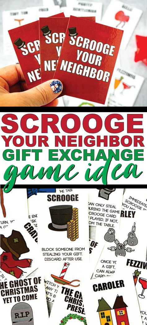 This Scrooge Your Neighbor gift exchange is one of the most fun Christmas games ever! Get the free printable cards and play with your office, a group of adults, or even for family night! It’s hilarious and so much fun! Gift Exchange Game, Family Gift Exchange, Scrooge Christmas, Christmas Gift Exchange Games, Christmas Gift Games, Christmas Games For Adults, Gift Card Games, Xmas Games, Holiday Gift Exchange