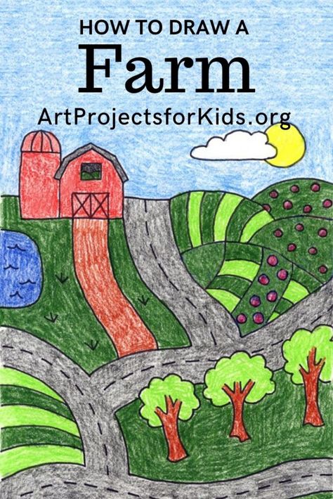 Learn how to draw a Farm with this fun and easy art project for kids. Simple step by step tutorial available. #howtodraw #farm Farming Drawing, Western Art Ideas, Direct Drawing, How To Draw Cartoons, Farm Coloring Pages, Nature Drawings, Draw Cartoons, Art Project For Kids, Cartoons For Kids