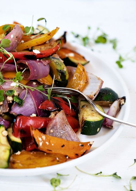 Quick grilled vegetables, combined with feta cheese and an easy balsamic dressing, for a great Summer salad. Grilled Vegetable Salad, Simple Balsamic Vinaigrette, Grilled Vegetable Sandwich, Grilled Vegetable Salads, Summer Bbq Recipes, Roasted Vegetable Salad, Salad Inspiration, Sides Recipes, Salad With Feta