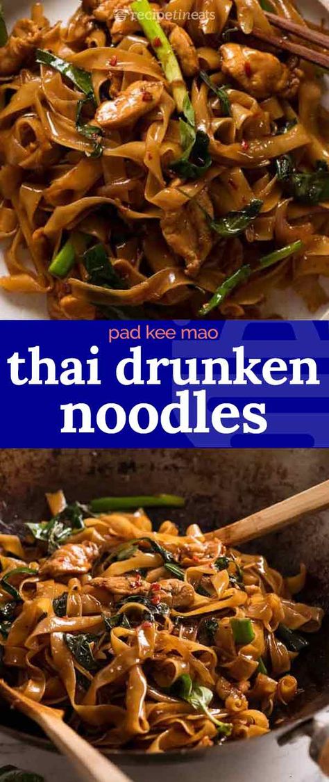 Koreansk Mad, Pad Kee Mao, Thai Drunken Noodles, Spicy Thai Noodles, Wok Recipes, Drunken Noodles, Thai Noodles, Spicy Thai, Asian Noodles