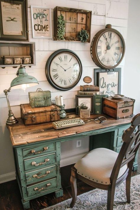 Steampunk House Interiors, Cozy Farmhouse Decor, Computer Space, Boho Decor Ideas, Diy Farmhouse Ideas, Vintage Home Office, Craftsman Interior, Cozy Home Office, Farmhouse Decor Ideas