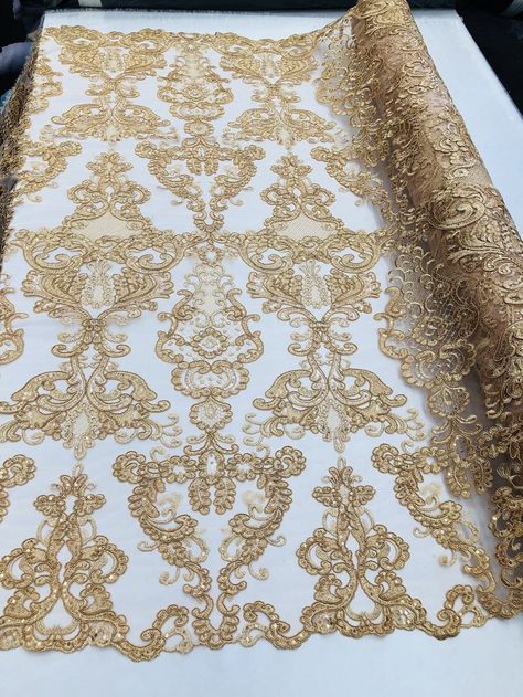 Gold Lace Fabric, Embroidery With Sequins, Wedding Embroidery, Embroidered Lace Fabric, Wedding Gold, Embroidery Flowers Pattern, Gowns Wedding, Gold Lace, Sequins Embroidery