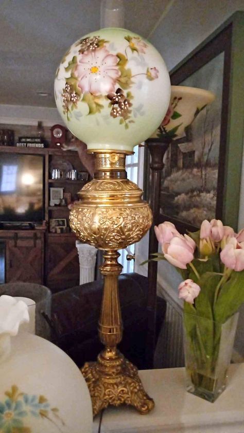 Antique tall banquet lamp with hand painted flowers Banquet Lamp, Hand Painted Flowers, Painted Flowers, Just In Time, Victorian Style, Victorian Fashion, Beautiful Hand, Interior Inspiration, Flower Painting