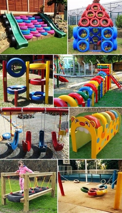 Tire Playground, Diy Outdoor Toys, Kids Garden Play, Diy Kids Playground, Outdoor Kids Play Area, Kids Backyard Playground, Play Area Backyard, Backyard Kids Play Area, Outdoor Play Areas