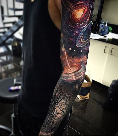 Cool space sleeve tattoo for men - This one is a super cool full tattoo sleeve for men. It can signify that just above our normal world is a much more vast and powerful place. Space Tattoo Sleeve, Covered In Tattoos, Full Tattoo, M Tattoos, Galaxy Tattoo, Geniale Tattoos, Space Tattoo, Full Sleeve Tattoos, Arm Sleeve Tattoos