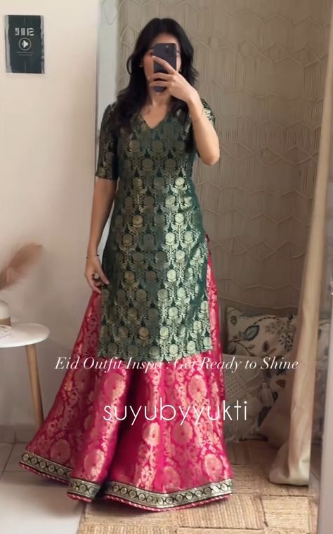 Lehenga Mix And Match, Kurti Designs Latest Net Material, Rani Pink Colour Combination, Kurta Skirt Indian Fashion, Dress Material Stiching Models, Saree Transformation To Dress, Wedding Guest Indian Outfit, Silk Bandhani Dress Pattern, Sharara From Saree