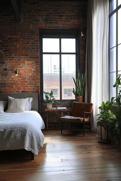 "Transform your bedroom into an edgy, urban retreat with Industrial Chic Decor! 🛏️🏭 Ideal for adding a touch of rugged elegance to your space. 🌿✨ #IndustrialStyle #BedroomDesign #ChicLiving" Bedroom Decor Industrial Modern, Urban Loft Bedroom, Industrial Master Bedrooms Decor, Urban Chic Interior Design, Industrial Bedroom Decor Ideas, Industrial Hotel Room, Dark Industrial Bedroom, Industrial Scandinavian Interior, Farmhouse Industrial Bedroom