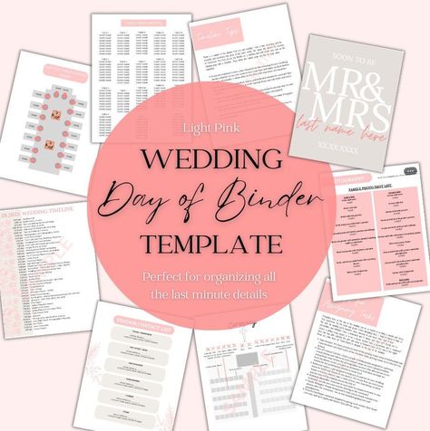 Wedding Day Of Binder Template | Pink Floral Small Wedding Planner, Wedding Planner Checklist Printable, Wedding Planner Checklist, Binder Templates, Wedding Calendar, Light Pink Wedding, Planning Template, Wedding Timeline, Wedding Planning Checklist