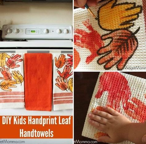 What a great craft idea - hand print leaves tea towel!... - Sustain My Craft Habit - Clever DIY, Crafts & Upcycling Ideas Handprint Leaf, Fall Crafts For Toddlers, Tea Towels Diy, Keepsake Crafts, Diy Towels, Stem Crafts, Thanksgiving Preschool, Baby Handprint, Toddler Fall