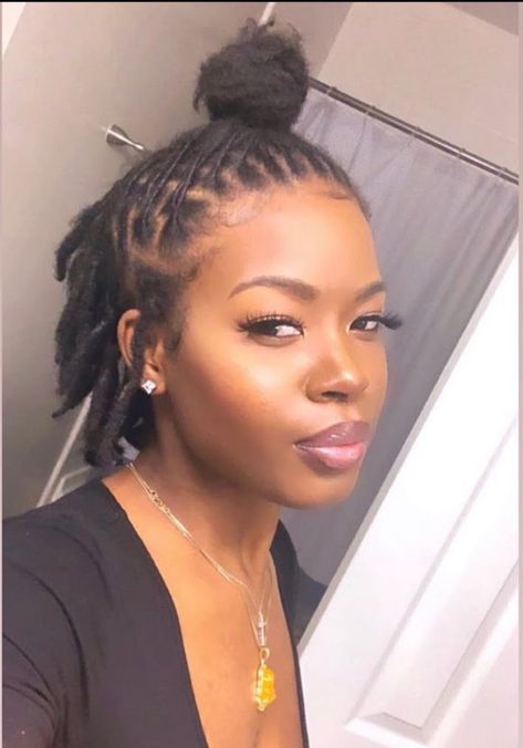 Ear Length Locs Black Women, Shirt Loc Styles, Loc Buns Styles Updo Short, Easy Loc Styles Short, Short Starter Locs Black Women, Starter Locs Styles For Short Hair, Short Loc Hairstyles, Short Loc Styles For Women, Short Dreadlocks Hairstyles