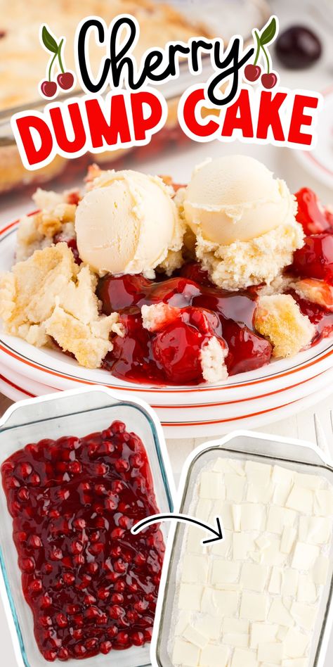 Cherry dump cake is made with just 3 simple ingredients and it's ready in 45 minutes from start to finish. This tasty dessert is packed with sweet cherry pie filling and topped with buttery golden-brown cake mix, making it taste very similar to a cherry cobbler. 3 Ingredient Cake Mix Cobbler, Cherry Pie Filling Dumpcake, What To Do With Canned Cherry Pie Filling, Cherry Jubilee Cake, Cherry Cheese Dump Cake, Cherry Jubilee Dessert Recipes, White Cake With Cherry Pie Filling, Cherry Pie Filling Dump Cake, Cherry Crisp With Pie Filling