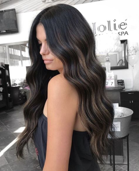 Jordan Underwood Hair, Black Hair With Brown Extensions, Off Black Hair With Highlights, Partial Highlight On Black Hair, Hair Color Ideas For Brunettes With Layers, Bellami Ash Brown Extensions, Black Hair Brown Babylights, Dark Hairstyles With Highlights, Peekaboos For Dark Hair