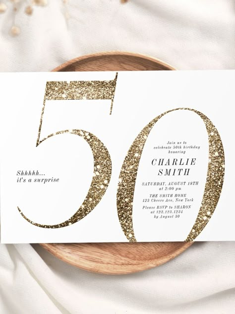 Modern minimalist faux gold glitter 50th birthday invitation #birthday #happybirthday #birthdaycards #birthdayparty #50thbirthday #fiftybirthday #turningfifty #elegant Invitation Card Design 50 Birthday, Minimalistic Birthday Invitation, White And Gold Invitation Card, 50 Birthday Invitation For Women, 50th Birthday Invitations For Women, 50th Birthday Invite, 50th Birthday Themes, Milestone Birthday Invitations, 50th Birthday Invitation